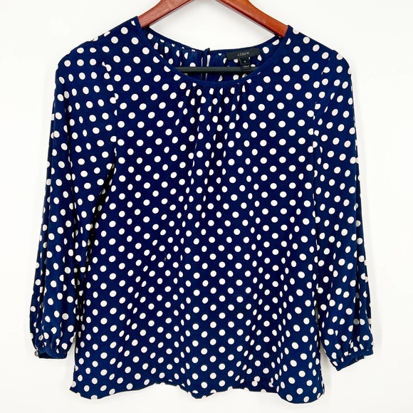J Crew 100% Silk Women’s Size 0 Navy Polka Dot Blouse Shirt Top - Picture 1 of 6